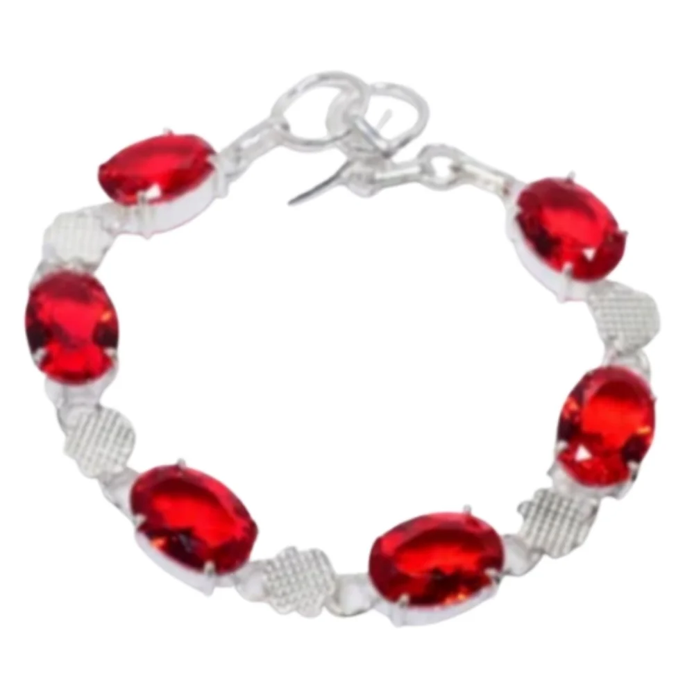 Red Garnet + Sterling Silver Chain Toggle Bracelet, up to 8" - Picture 1 of 7